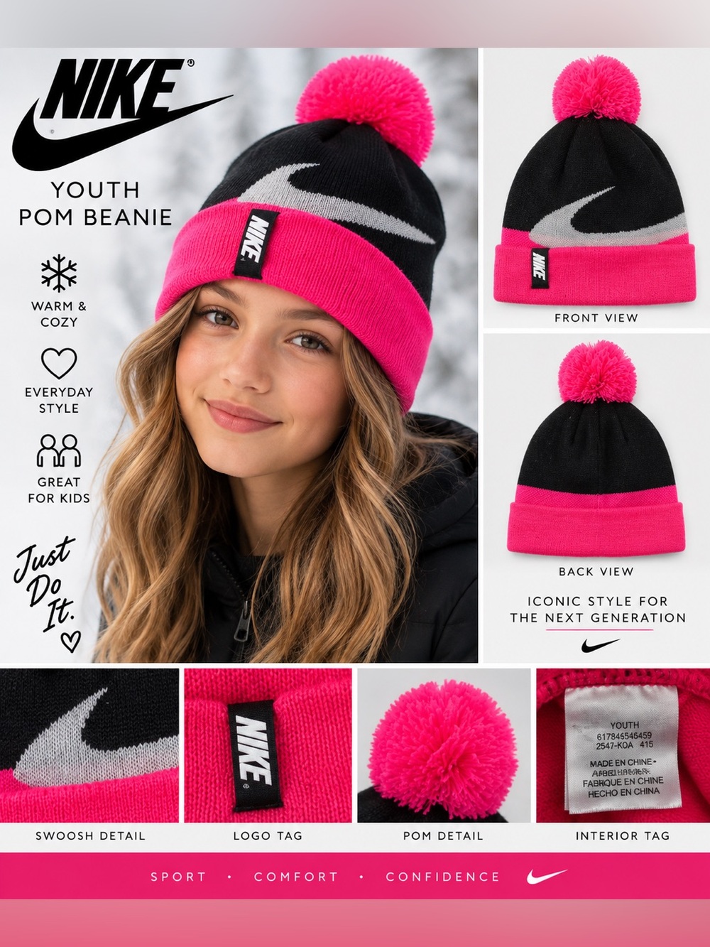 Nike Youth Pom Beanie Hat Pink Black Gray Big Swoosh Cuffed Winter Knit NWOT